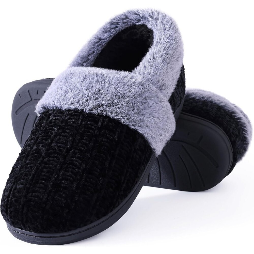 Women's Black Fuzzy Memory Warm Closed Back Knit Bedroom Slippers Boot Shoes